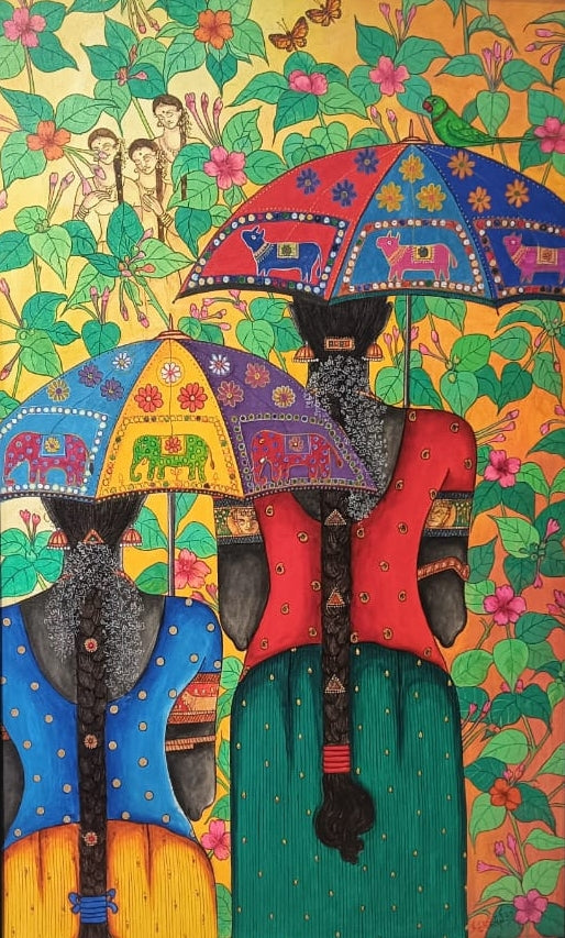 Figurative acrylic painting titled 'Friends', 42x26 inch, by artist Kappari Kishan on Canvas