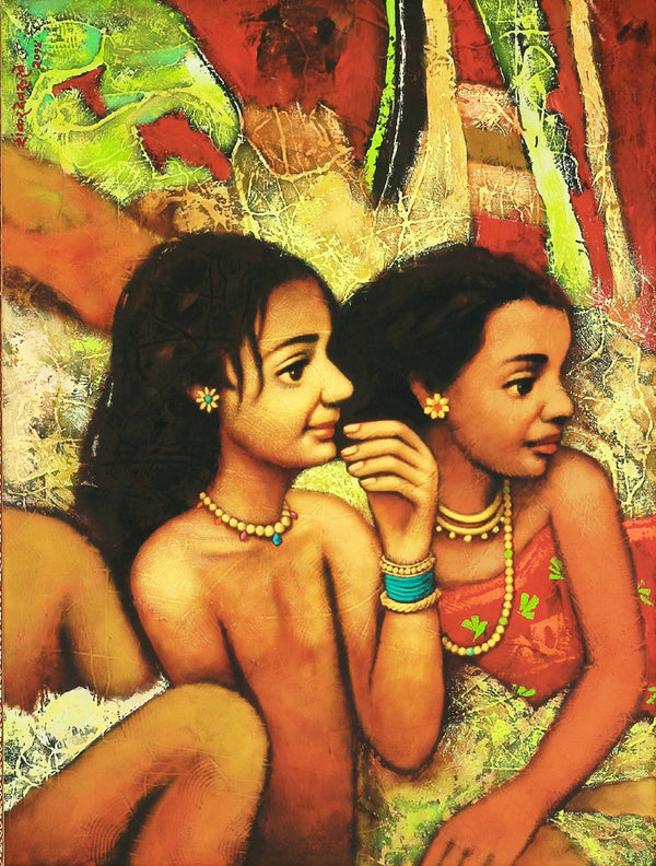 Figurative acrylic painting titled 'Friends', 48x36 inch, by artist Shankar Devarukhe on Canvas