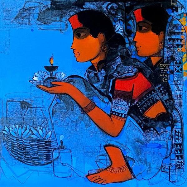 Figurative acrylic painting titled 'Friends 3', 30x30 inches, by artist Sachin Sagare on Canvas