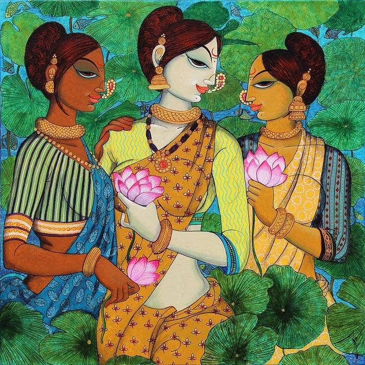 Figurative acrylic painting titled 'Friends And Lotus', 36x36 inches, by artist Varsha Kharatamal on Canvas