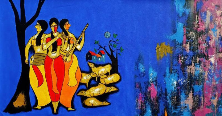 Figurative acrylic painting titled 'Friends', 25x48 inches, by artist Chetan Katigar on Canvas