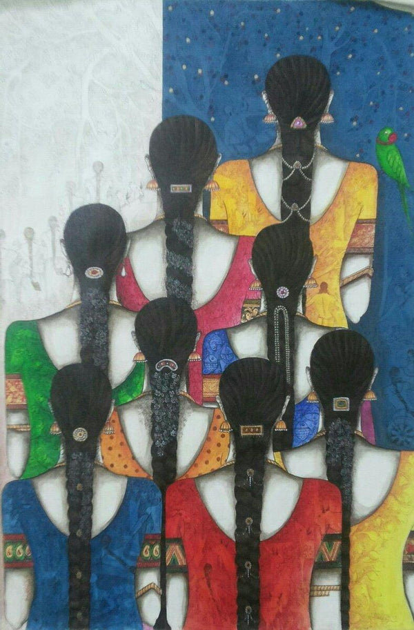 Figurative acrylic painting titled 'Friends III', 36x24 inches, by artist Kappari Kishan on Canvas