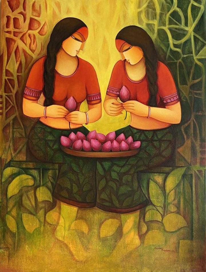 Figurative acrylic painting titled 'Friendship', 40x30 inches, by artist Mousumi Mukherjee on Canvas