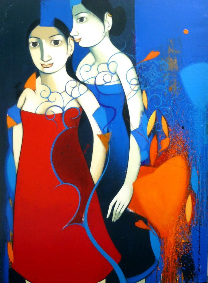 Figurative acrylic painting titled 'Friendship Girls', 52x36 inches, by artist Anand Panchal on Canvas