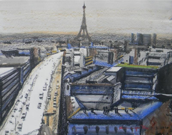 Cityscape mixed media painting titled 'From 20th Floor In Paris', 22x28 inches, by artist Bipul Roy on Paper