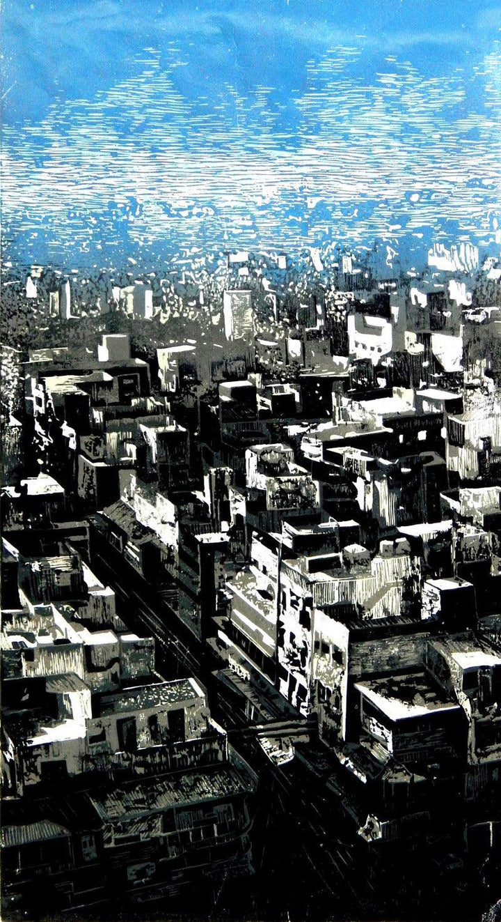 Cityscape printmaking titled 'From The Birds Eye', 23x15 inches, by artist Attri Chetan on Woodcut