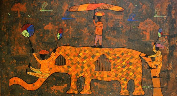 Figurative acrylic painting titled 'From village to the virtual world', 19x35 inches, by artist Lakhan Singh Jat on Canvas