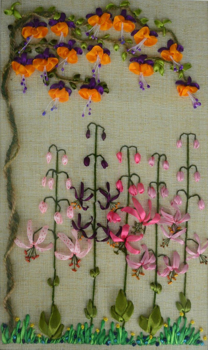 Nature mixed media titled 'Fuchsia Martagon Lily Garden Garden', 11x19 inches, by artist Mohna Paranjape on Cloth