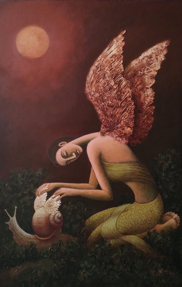 Figurative acrylic painting titled 'Fulfilled Dreams', 36x24 inches, by artist Uttam Bhattacharya on Canvas