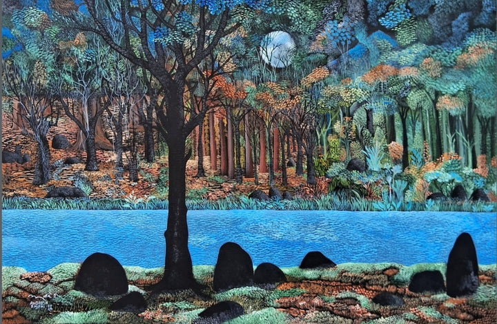 Landscape acrylic painting titled 'Full Moon', 32x48 inch, by artist Awdhesh Bajpai on Canvas