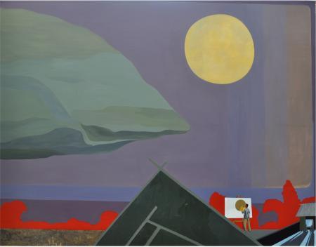 Figurative acrylic painting titled 'Full Moon In My Village', 42x48 inches, by artist Goutam Pal on Canvas