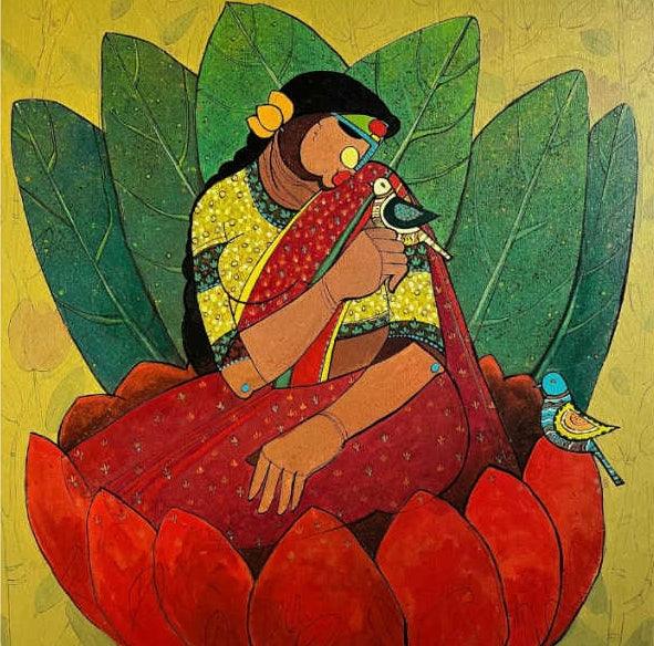 Figurative acrylic painting titled 'Fulrani', 24x24 inches, by artist Priyanka Chivte on Canvas