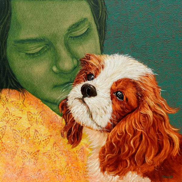 Figurative acrylic oil painting titled 'Furry Ball Of Love', 24x24 inches, by artist Deepali S on Canvas