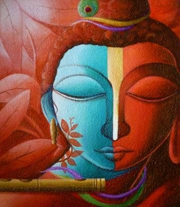 Religious acrylic painting titled 'Fusion', 12x12 inches, by artist Dhananjay Mukherjee on Canvas