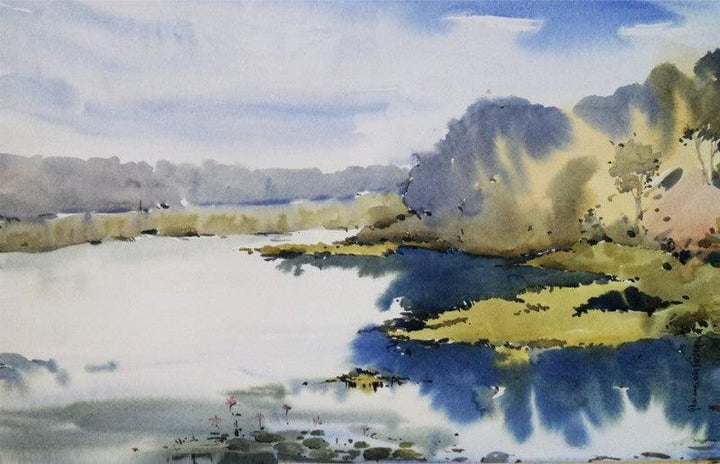 Landscape watercolor painting titled 'Futala Lake', 12x18 inches, by artist Ghanshyam Dongarwar on paper