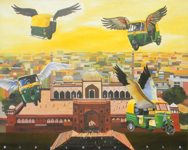 Fantasy acrylic painting titled 'Future Delhi', 48x60 inches, by artist Bipul Roy on Canvas