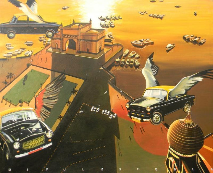 Fantasy acrylic painting titled 'Future Mumbai', 48x60 inches, by artist Bipul Roy on Canvas