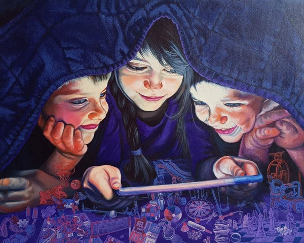 Figurative acrylic painting titled 'Gadgets Ruin Childhood', 24x30 inches, by artist Pooja Kumawat on Canvas