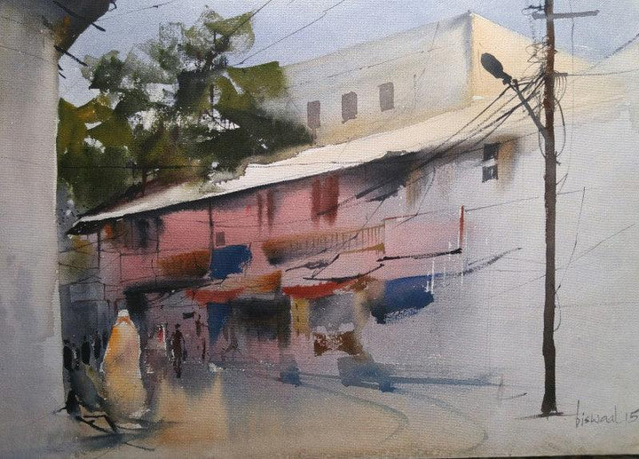 Cityscape watercolor painting titled 'Gadkariwada', 15x20 inches, by artist Bijay Biswaal on Handmade Paper