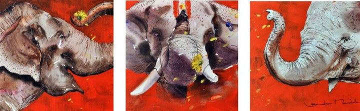 Animals acrylic painting titled 'Gaj Krida', 12x12 inches, by artist Bhaskar Mandolu on Canvas