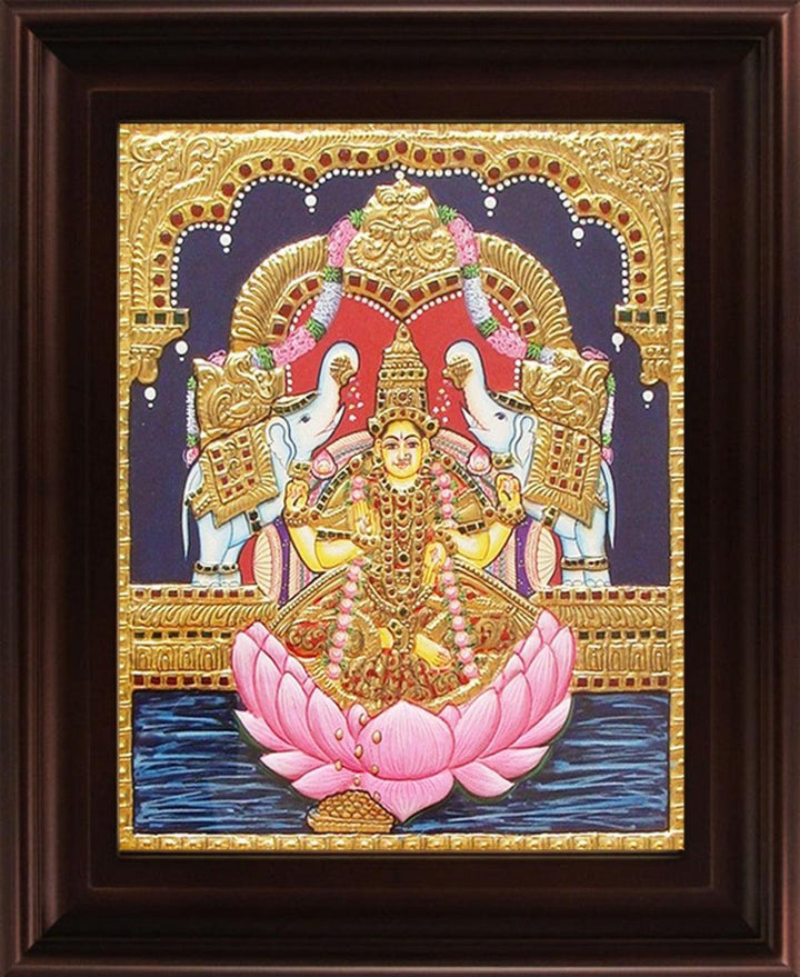 Religious tanjore traditional art titled 'Gaja Lakshmi Tanjore Painting', 24x18 inches, by artist Myangadi Tanjore on Plywood