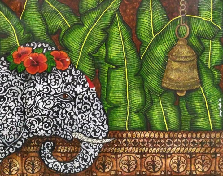 Animals mixed media painting titled 'Gaja Vandana', 30x36 inches, by artist Sreya Gupta on Canvas