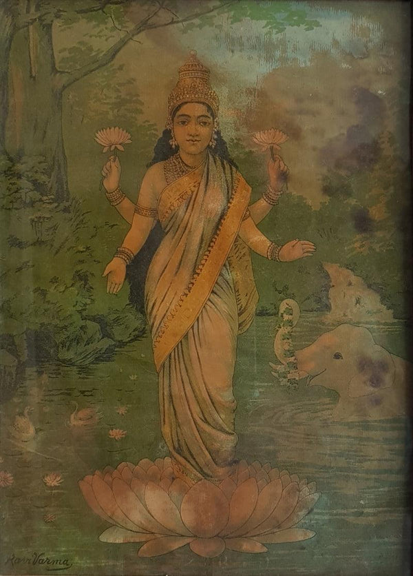 Religious oleograph painting titled 'Gajalakshmi', 15x11 inches, by artist Raja Ravi Varma on Paper