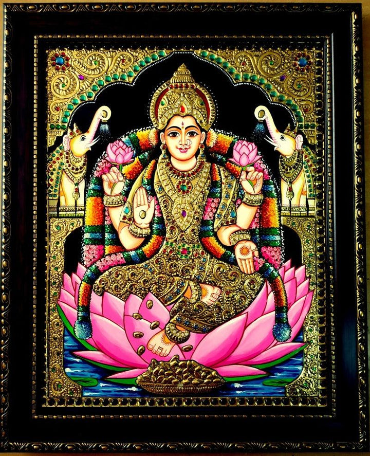 Religious tanjore traditional art titled 'Gajalakshmi Tanjore Painting 2', 20x16 inches, by artist VANI VIJAY on Plywood