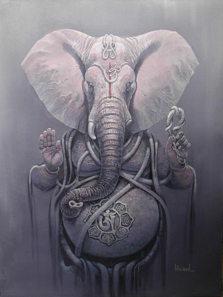 Religious acrylic painting titled 'Gajanan II', 48x36 inches, by artist Bijay Biswaal on Canvas