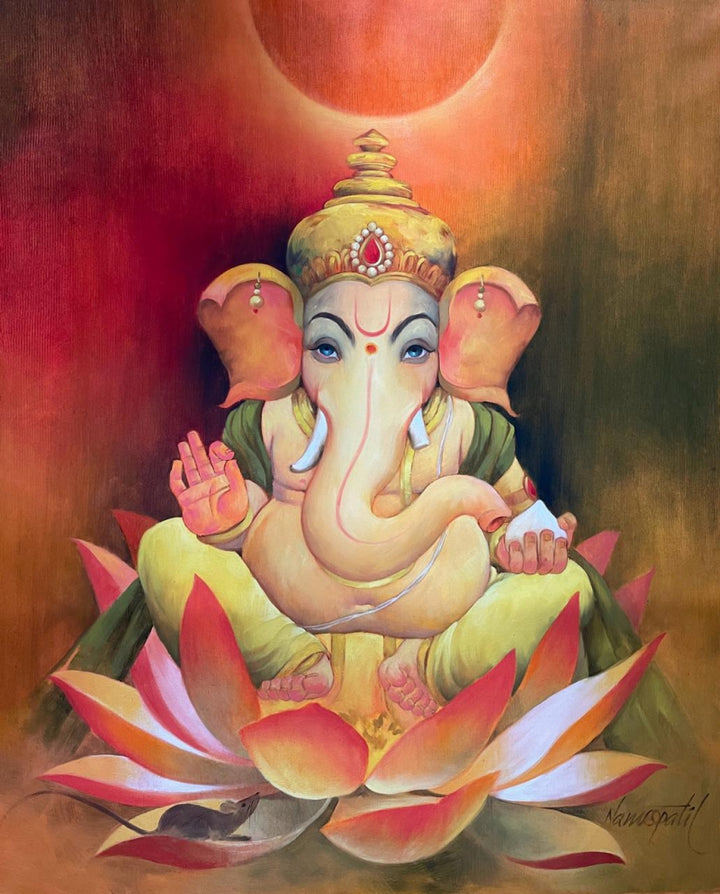 Religious oil painting titled 'Gajanana', 42x34 inch, by artist Namdev M Patil on Canvas