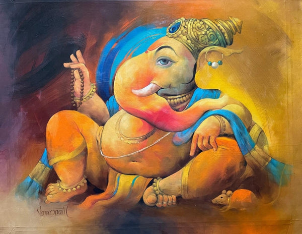 Religious oil painting titled 'Gajanana', 34x42 inch, by artist Namdev M Patil on Canvas