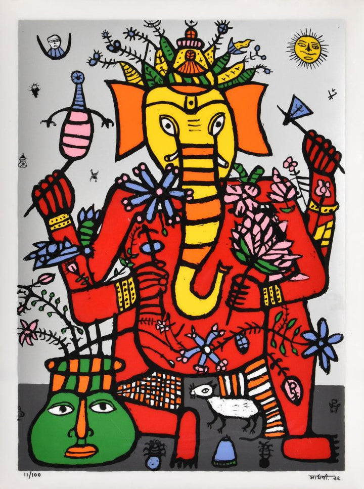 Religious reverse serigraph painting titled 'Gajanand', 32x24 inches, by artist Madhvi Parekh on Acrylic