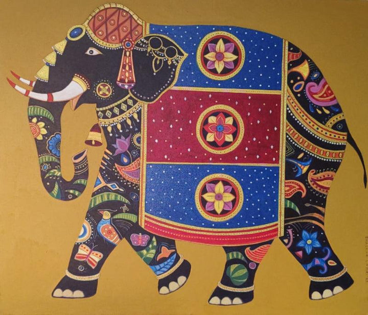 Animals acrylic ink painting titled 'Gajaraj', 26x30 inches, by artist Bhaskar Lahiri on Canvas