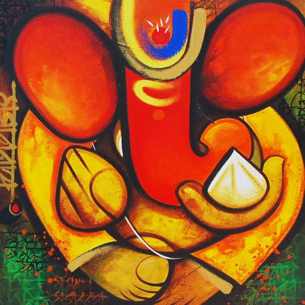 Religious acrylic painting titled 'Gajay', 24x24 inches, by artist Om Swami on Canvas