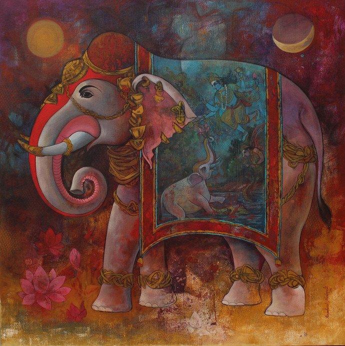 Animals acrylic painting titled 'Gajendra', 36x36 inches, by artist Rajeshwar Nyalapalli on Canvas