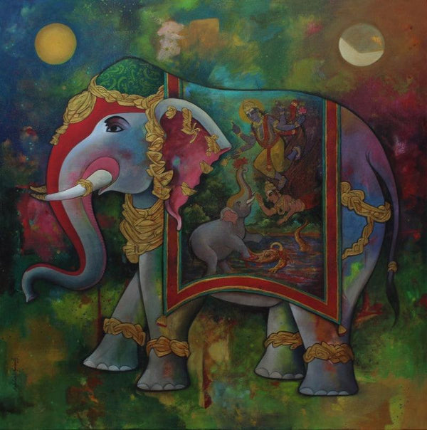 Religious acrylic painting titled 'Gajendra Moksha', 48x48 inches, by artist N P Rajeshwarr on Canvas