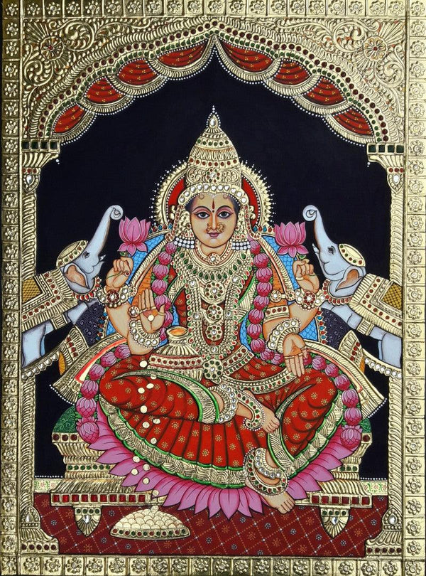 Religious tanjore traditional art titled 'GajLaxmiji', 24x18 inches, by artist Sanjay Tandekar on Cardboard