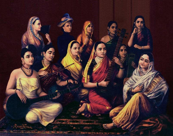 Figurative oil painting titled 'Galaxy Of Musicians', 29x36 inches, by artist Raja Ravi Varma Reproduction on Canvas