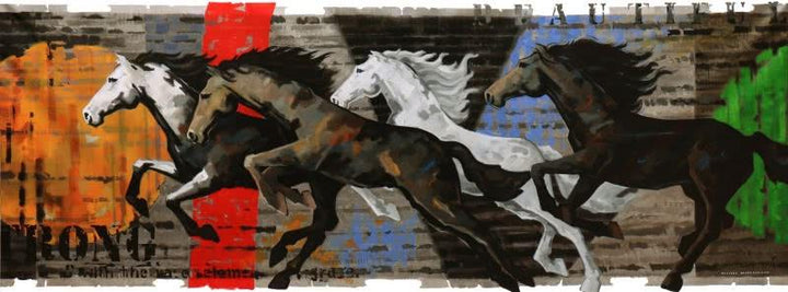 Animals acrylic painting titled 'Galloping Horse 2', 54x138 inches, by artist Devidas Dharmadhikari on Canvas