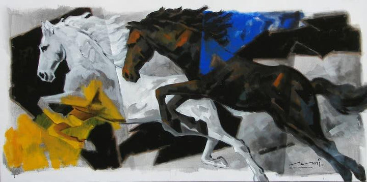 Animals acrylic painting titled 'Galloping Horse 3', 36x72 inches, by artist Devidas Dharmadhikari on Canvas