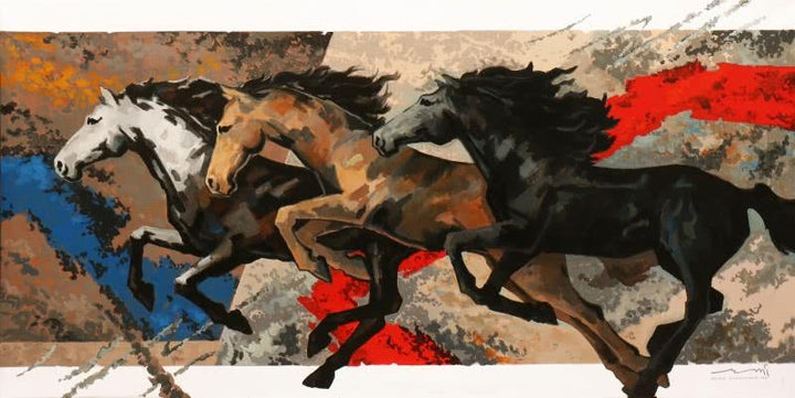 Animals acrylic painting titled 'Galloping Horses 1', 48x96 inches, by artist Devidas Dharmadhikari on Canvas