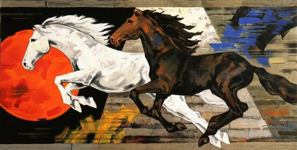 Animals acrylic painting titled 'Galloping Horses', 72x36 inches, by artist Devidas Dharmadhikari on Canvas