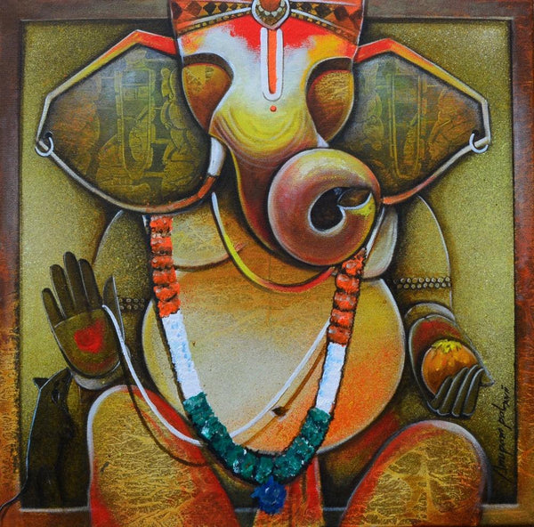 contemporary acrylic painting titled 'Gampati Bappa', 24x24 inches, by artist Anupam Pal on canvas