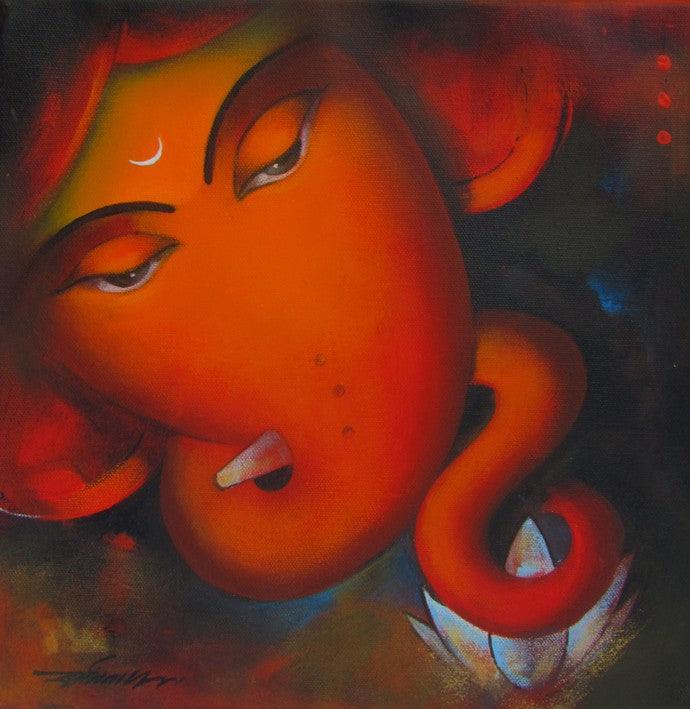 Religious acrylic painting titled 'Ganadhipati Ganesha', 12x12 inches, by artist Somnath Bothe on Canvas