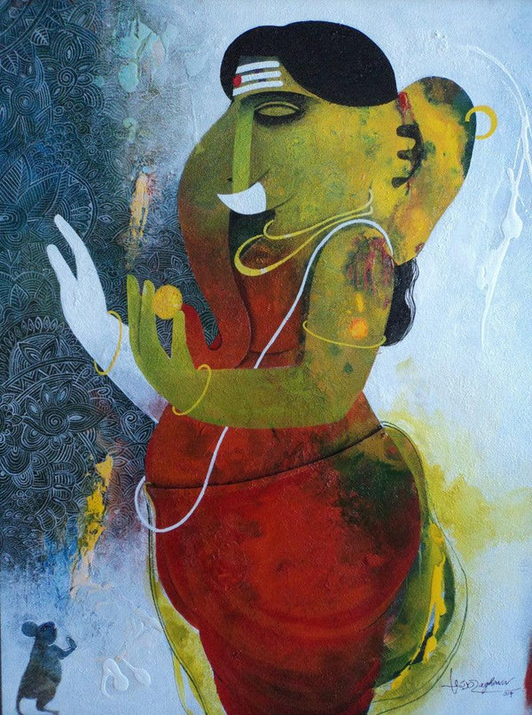 Religious acrylic painting titled 'Ganapati', 28x22 inches, by artist Appam Raghavendra on Canvas