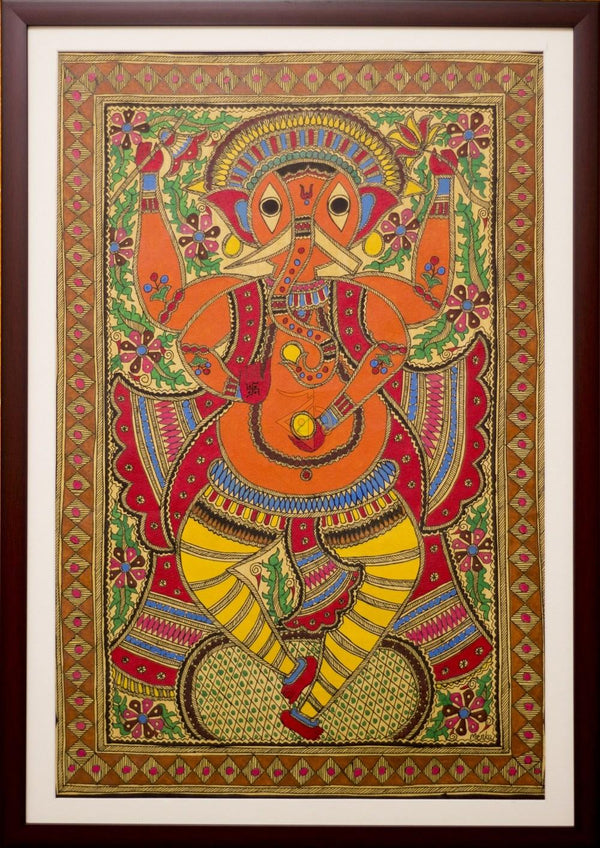 Folk Art madhubani traditional art titled 'Ganapati orange Madhubani Painting', 23x15 inches, by artist Kalaviti Arts on Cloth