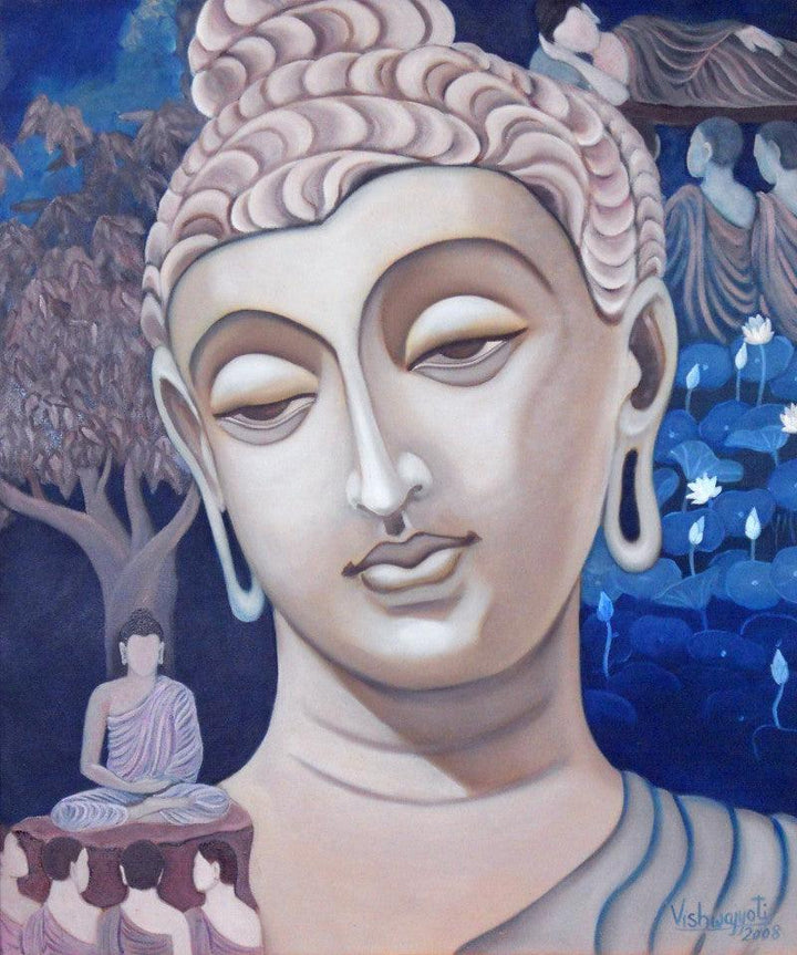 Religious oil painting titled 'Gandhar Buddha', 30x25 inches, by artist Vishwajyoti Mohrhoff on Canvas