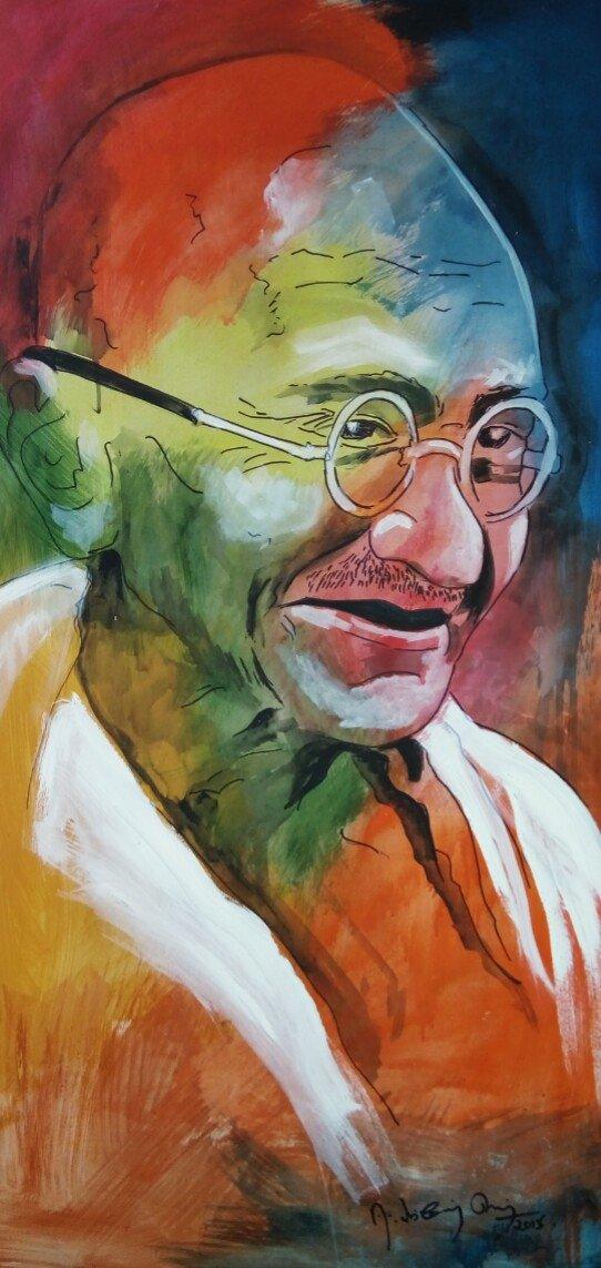 Figurative acrylic painting titled 'Gandhi', 48x36 inches, by artist Vignesh Kumar on CardBoard