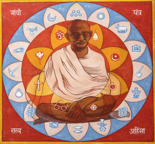 Figurative acrylic painting titled 'Gandhi Yantra', 44x44 inches, by artist Balaji Ubale on Canvas