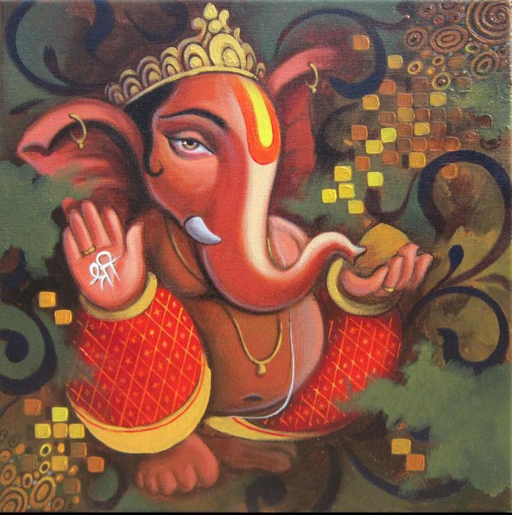 Religious acrylic painting titled 'Ganesh 1', 12x12 inches, by artist Baburao (amit) Awate on Canvas